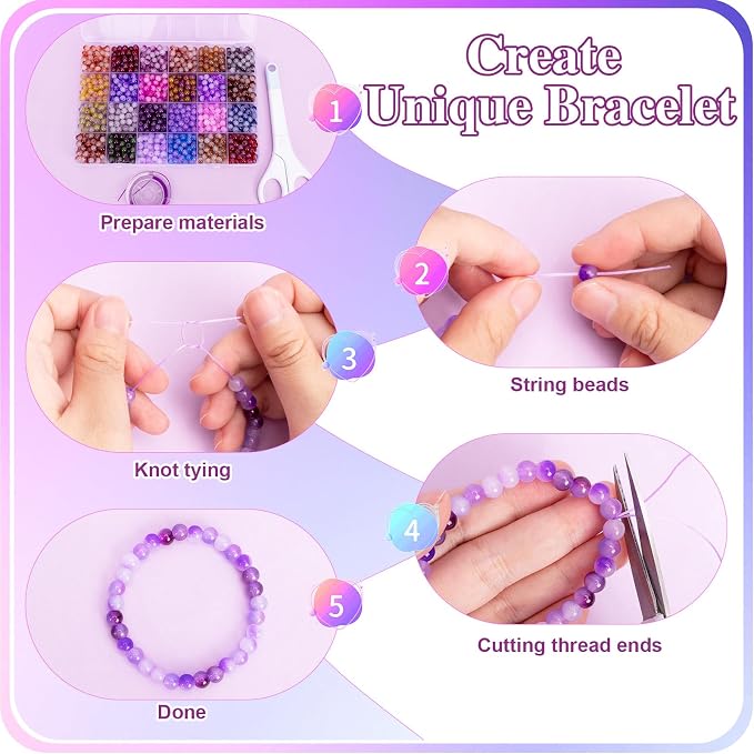 XSEINO About 1200+ pcs 6mm Glass Beads Bracelet Making Kit, 24 Assorted Purple - Image 5
