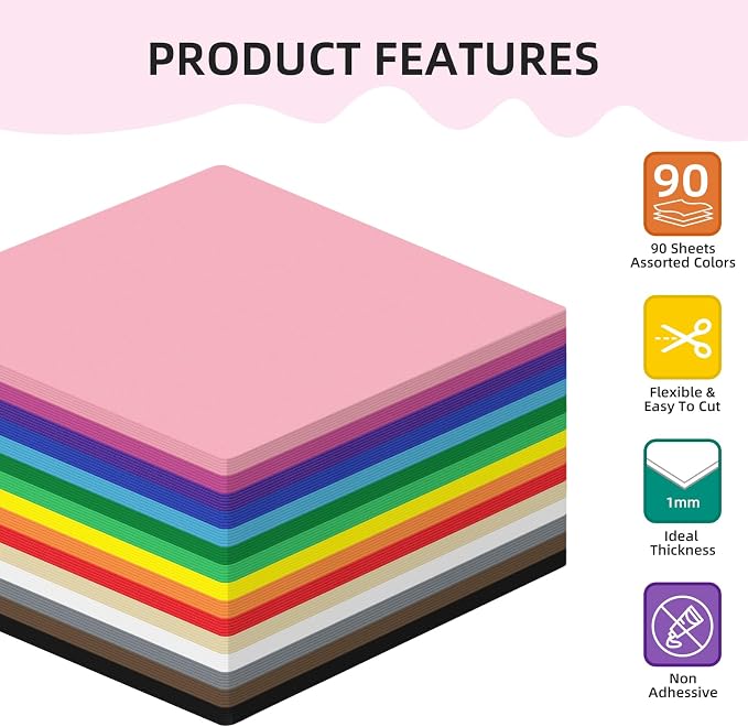 Foam Sheets 90 Pack, 8 x 8 Inch, 15 Assorted Colors, 1mm Thick EVA Foam Paper - Image 4