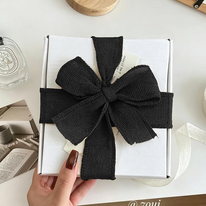 Black Burlap Ribbon 1-1/2 inch X 10 Yard Black Linen Wired Ribbon | Natural - Image 4