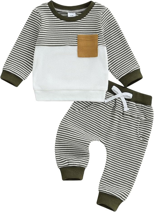 Toddler Baby Boy Fall Clothes Waffle Outfit Long Sleeve Color Blocking Sweatshirt Pullover Jogger Pant Set