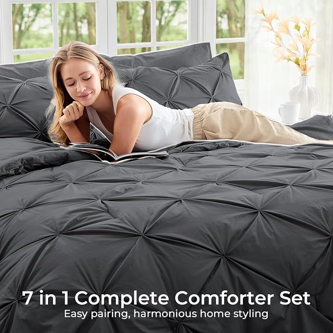 Sasttie Queen Comforter Set, 7-Piece Bed in a Bag, Pintuck Bedding Set - Image 6