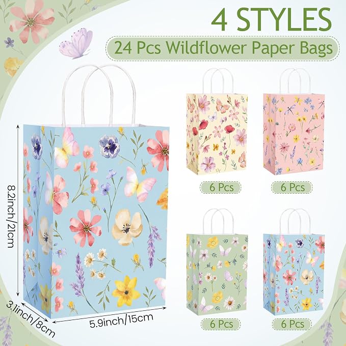 Gaillty 24 Pcs Floral Paper Gift Bags Flower Butterfly Goodie Bags - Image 2