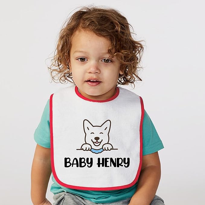 Personalized Baby Bib – Soft Cotton Terry, Cute Jindo Dog Design with Custom Text (1-2 Lines) – Newborns & Toddlers