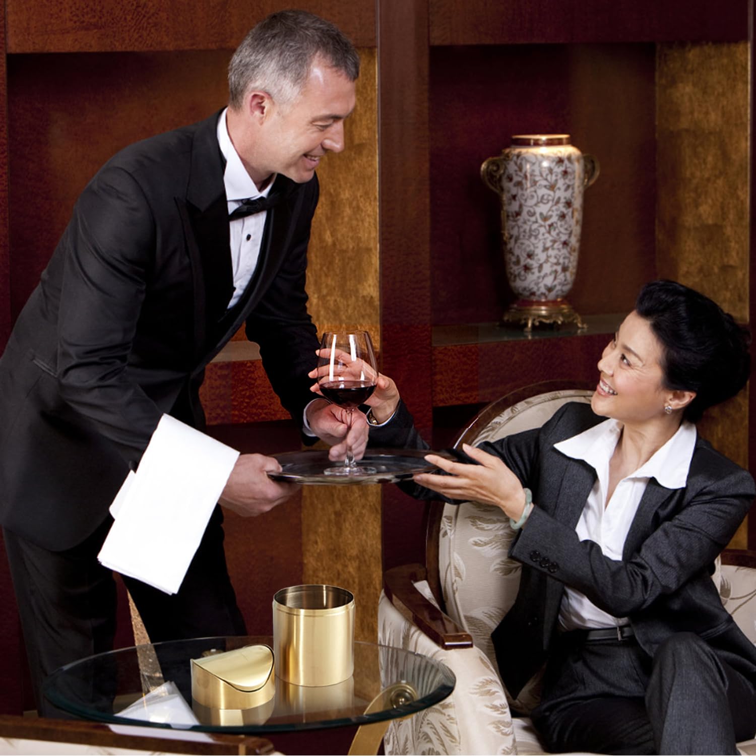 Stainless Steel Trash Can with Swing Lid, Mini Countertop Trash Bin Bathroom, Golden Desktop Garbage Cans Tiny Kitchen Waste Bins with Trash Bag