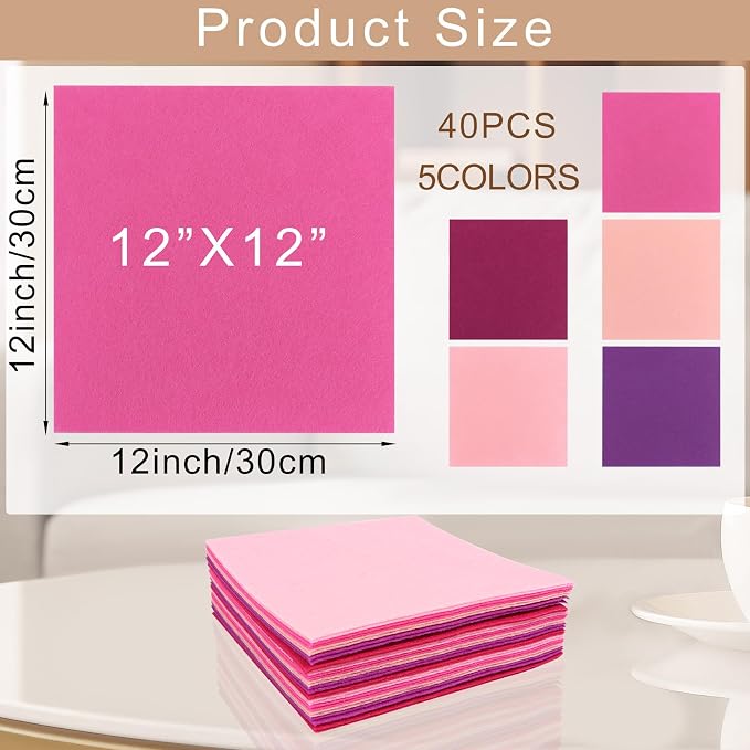 40 Pcs Stiff Felt Fabric Sheet for Crafts, 1mm Thick and 12”x12”Pink Series - Image 2
