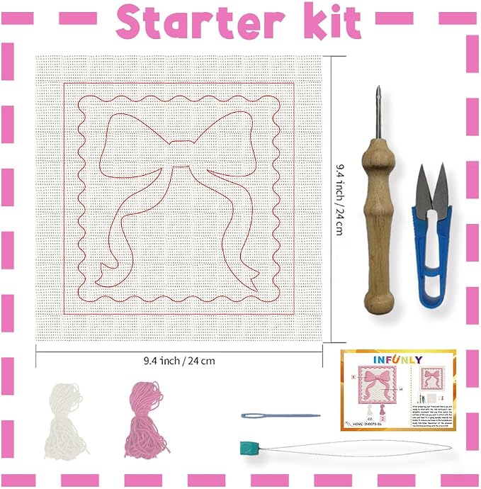 INFUNLY Pink Bow Punch Needle Embroidery Kit 9.4" DIY Punch Embroidery Kit - Image 2