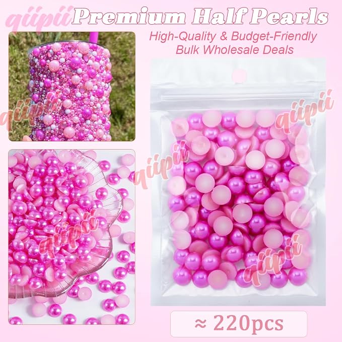 qiipii 220PCS 10mm Rose Red Half Round Pearls Bulk - Image 3