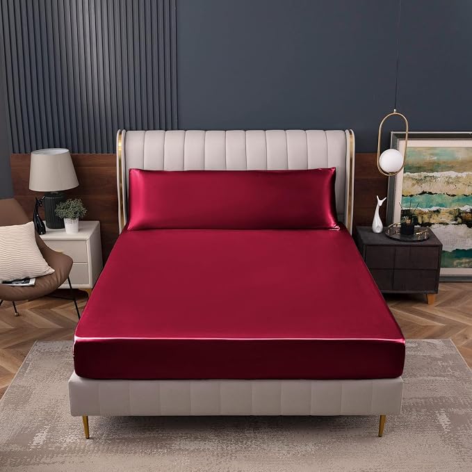 Homiest Burgundy Satin Fitted Sheet Twin Size, Deep Pocket, Luxury & Ultra Soft - Image 2