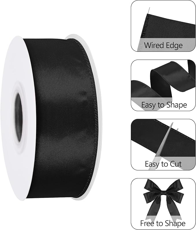 Black 1.5 Inch Continuous 25 Yards Satin Wired Ribbon - Image 3