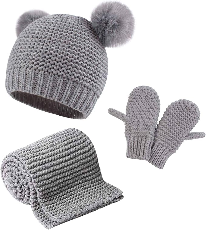 Duoyeree Baby Winter Hat Scarf Glove Beanie Set Girls Boys Pom Pom Knitted Beanie Mitten Scarves for Toddler 0-3T