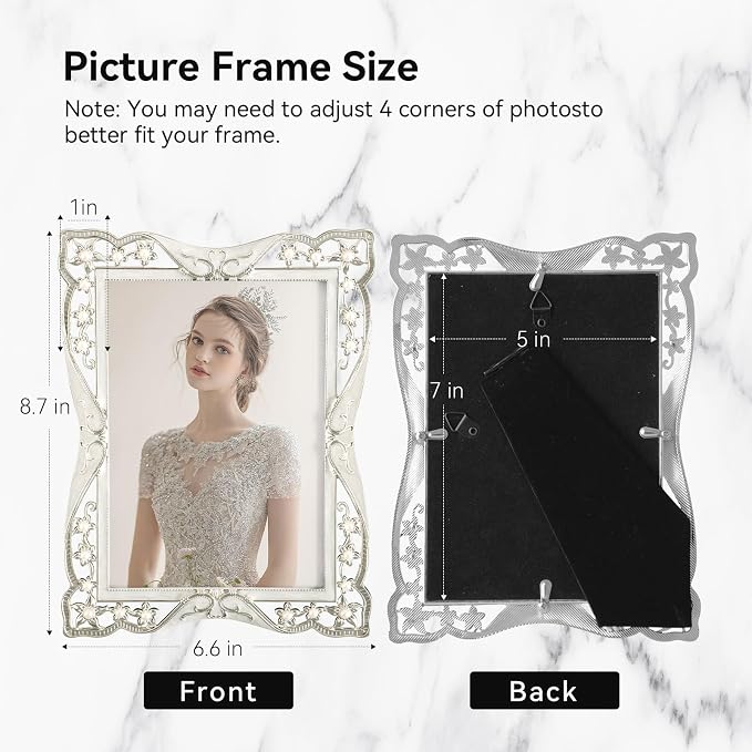 DIKAR Vintage 5x7 Picture Frame, Pearl and Flower Decoration Silver Metal Photo - Image 3