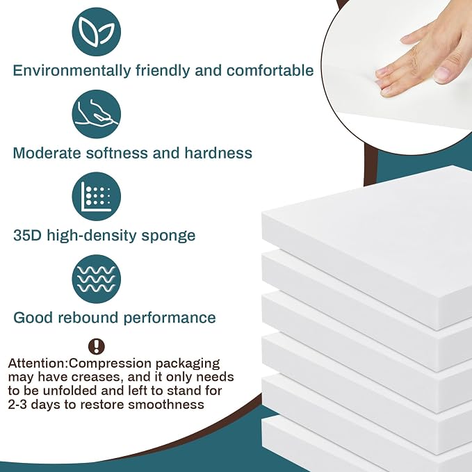Frienda 6 Pack 2" X 24" X 24" Upholstery High Density Foam Cushion White - Image 3