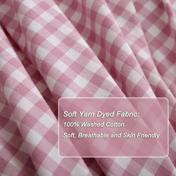 Silnuo Vintage Pink/White Plaid Ruffle 3-Piece Duvet Cover Set Twin Size - Image 5