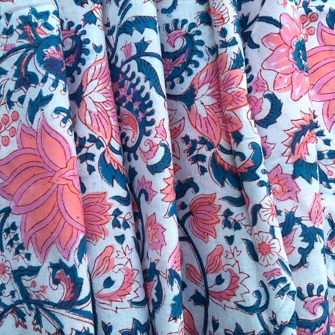 E-Tailor® Indian Ethnic 100% Cotton Voile Running Hand Block Print Natural - Image 3