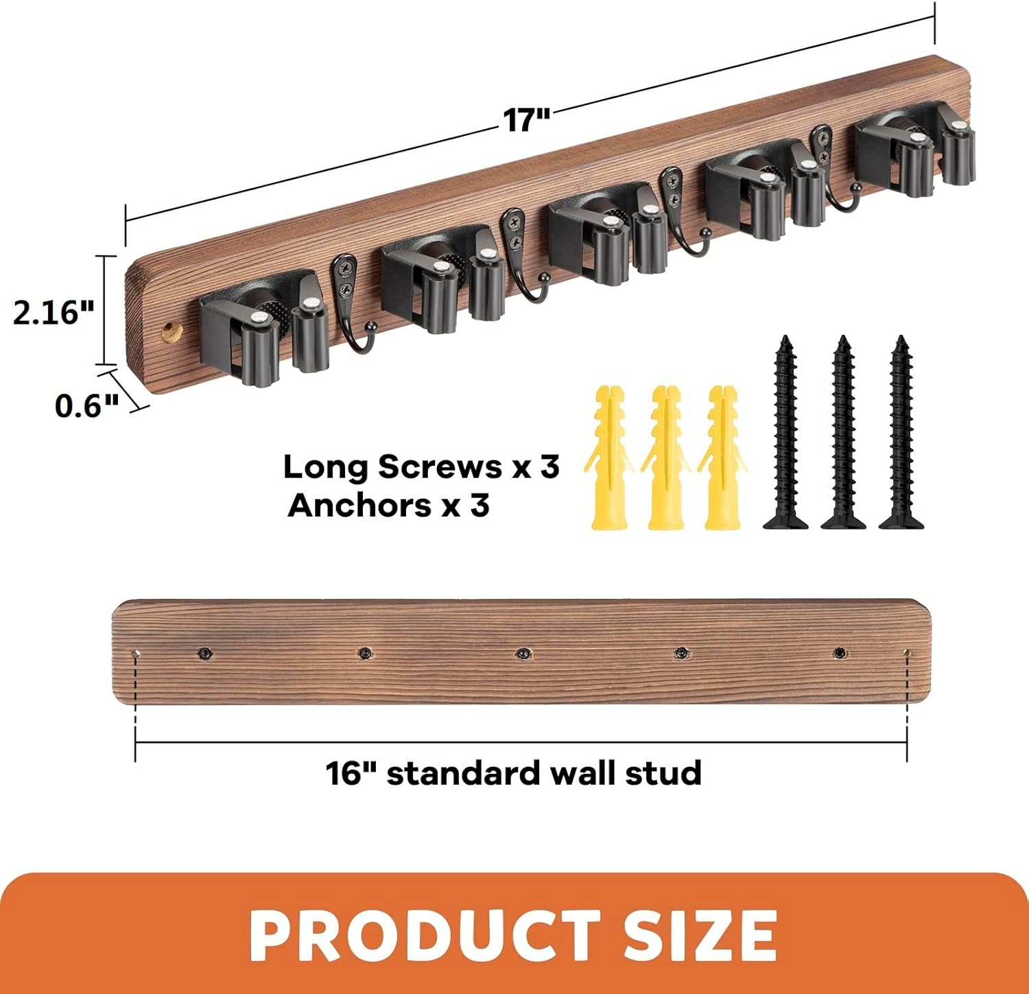 IMILLET Broom Holder Wall Mount, Rustic Wood Broom Hanger with 5 Racks and 4 Hooks, Laundry Room Organization and Storage, Mop Holder for Home Decor, Garden, Garage, Kitchen, Closet