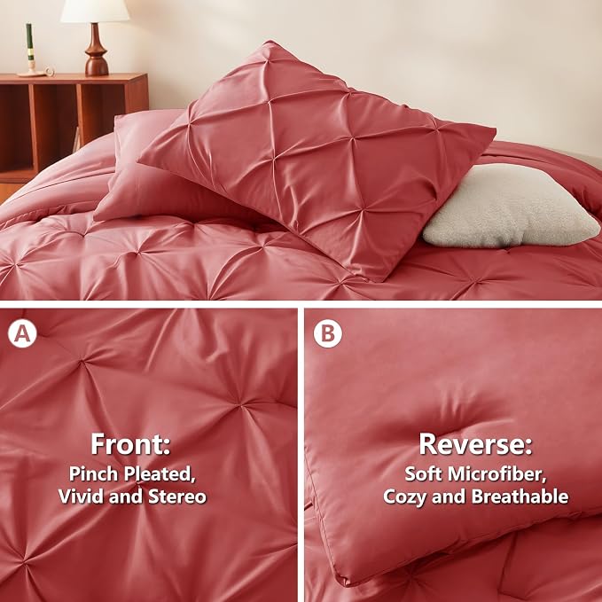 CozyLux Full Size Comforter Sets Coral, 7 Pieces Pintuck Bed in A Bag Coral - Image 3