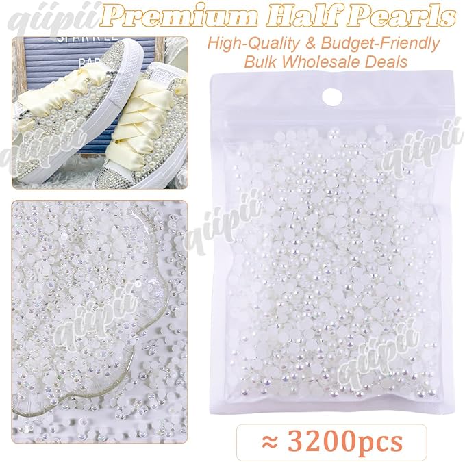 qiipii 3200PCS 4mm White AB Round Half Round Pearls - Image 2