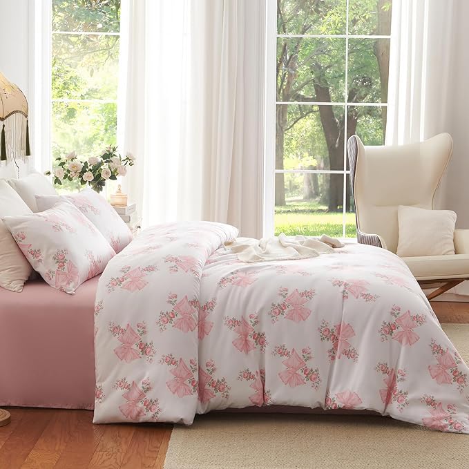 Nayoroom Pink Bow Duvet Cover Full Size Coquette Pink Floral Duvet Cover 3 - Image 4