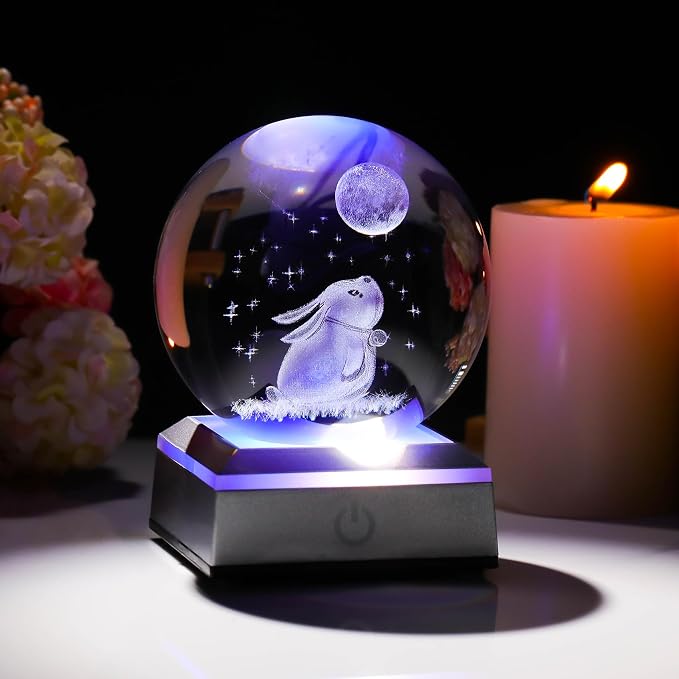 3.15in. Crystal Ball Engraved 3D Rabbit and Moon Stars Figurine Paperweght - Image 3
