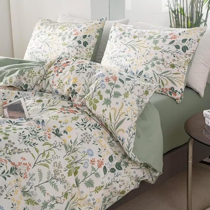 MKXI Queen Size Wildflower Duvet Cover Set Sage Green Spring Floral Bedding Set - Image 3