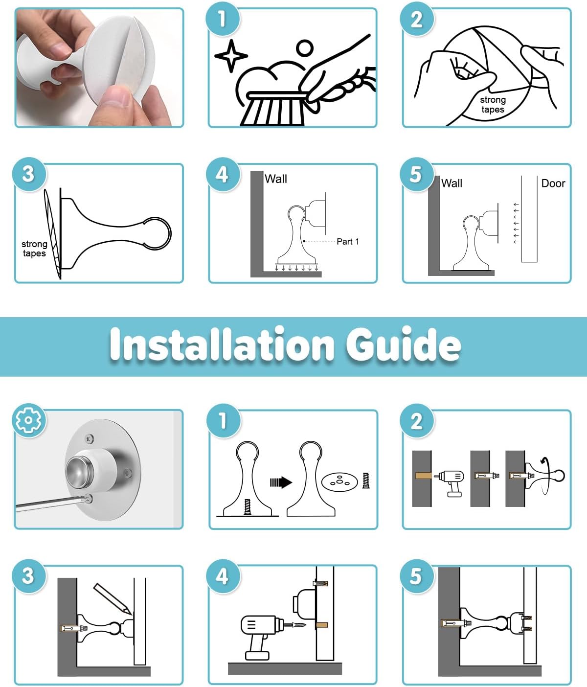 Door Stoppers Magnetic Door Catch - 6 Pack Stainless Steel Heavy Duty Door Stops for Bottom of Door, Wall & Floor Mounting No-Drill Strong Adhesive & Screws, Strong Door Holder to Keep Door Open,White
