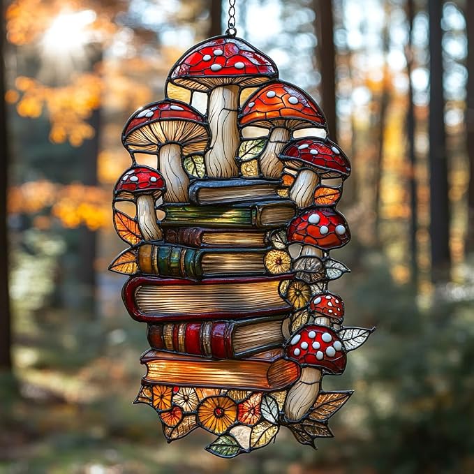 Forest Mushroom Books Acrylic Suncatcher Stained Glass Effect Window Car by AVAGAN