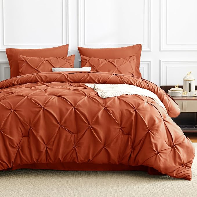 CozyLux Full Size Comforter Sets Burnt Orange, 7 Pieces Pintuck Bed in A Bag - Image 8