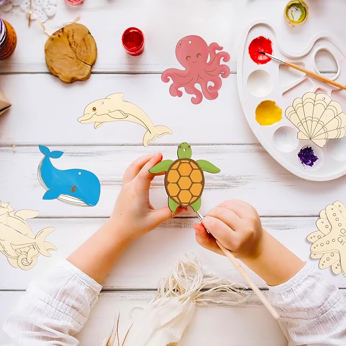 80PCS Wooden Sea Ornaments to Paint, 10 Styles DIY Blank Unfinished Wood Ocean - Image 2