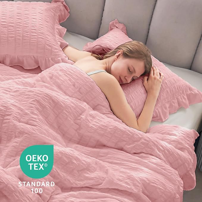 JOLLYVOGUE Pink Seersucker King Comforter Set, 3 Pieces Bed in a Bag Comforter - Image 6
