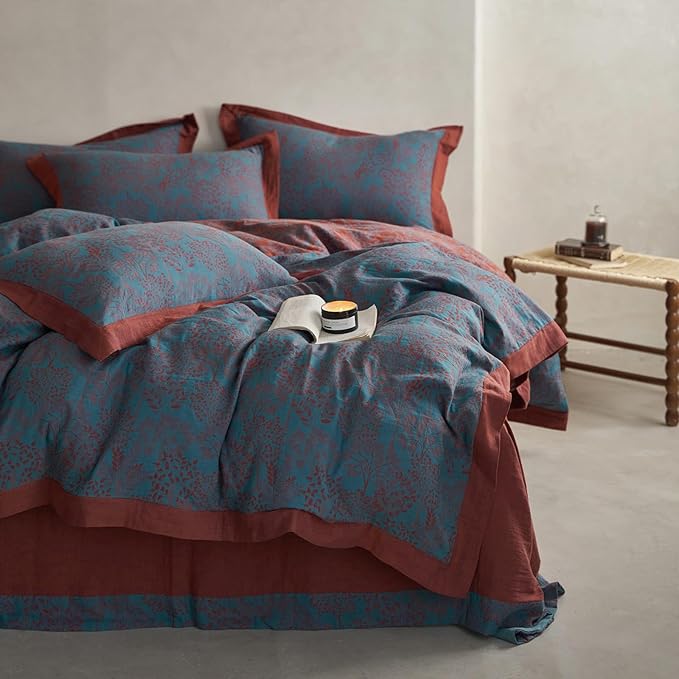 mixinni Muslin Cotton Vintage Blue Floral Duvet Cover Queen Size 3pcs Yarn Dyed by mixinni