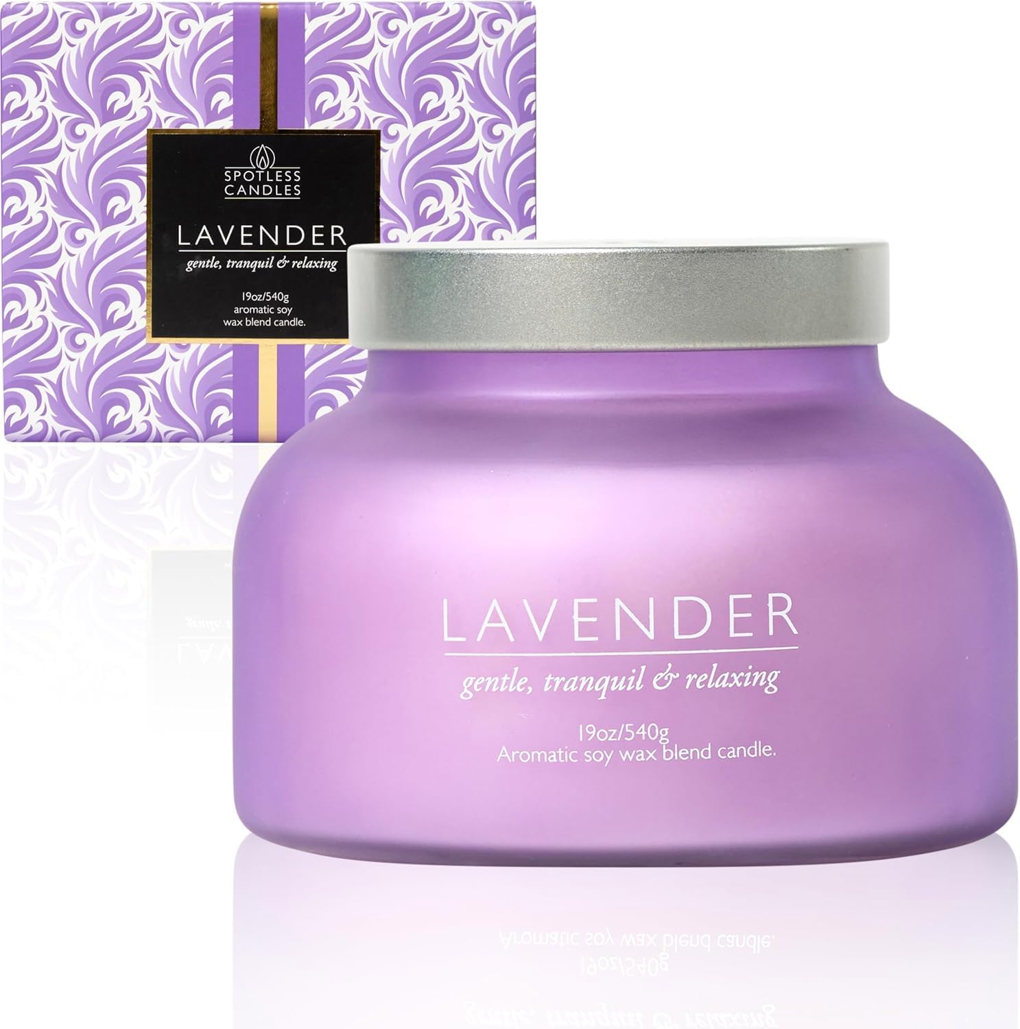 Lavender Candle 19oz Volcano Jar with Wooden Wick Upto 75 Hours Burn Time in a Large 4" x 5" Solid Purple Glass Jar in a Luxury Gold Foil Gift Box