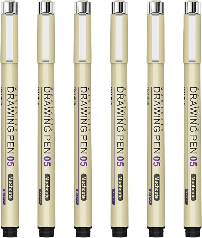 Muchcute 05 Fine Point Writing Pens: 6 Black 0.45mm Thin Micron Pen 05 No Bleed by Muchcute
