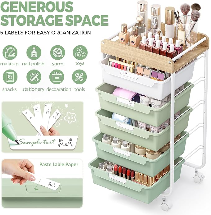 Utility Cart with Drawers, Craft Cart with 5 Drawers, Art Supply Organizer - Image 4