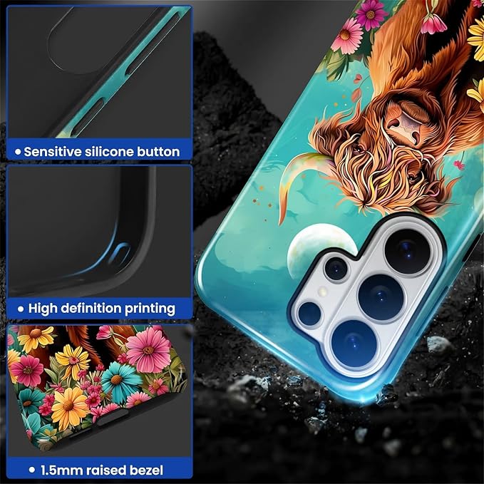 for Samsung Galaxy S26 Ultra Case, Highland Cow Flower Pattern Glossy 2 in 1 - Image 3