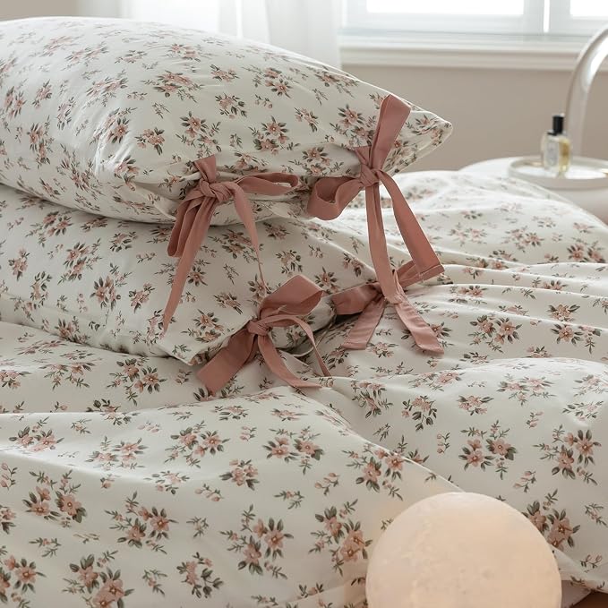 mixinni Vintage Style Girls Pale Pink Flower Pattern Duvet Cover King Soft - Image 3