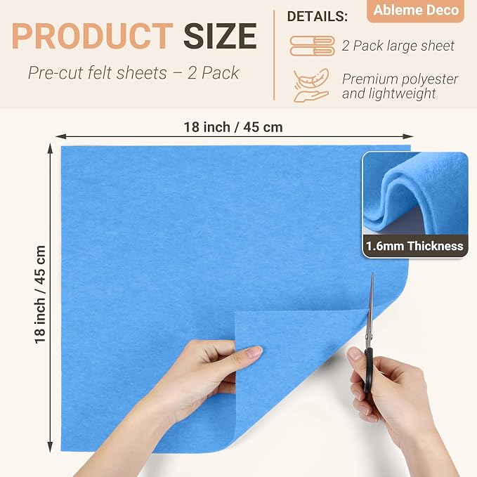 Felt Fabric Sheets 18" x 18" 1.6mm Soft Craft Felt, Sky Blue | Soft Precut Felt - Image 2
