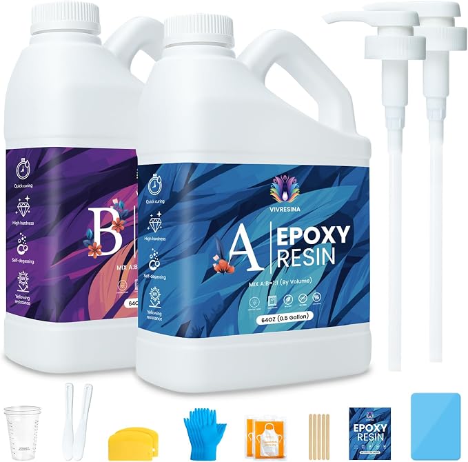 Epoxy Resin 1 Gallon Kit with Pump High Glossy Food Safe Crystal Clear Bubble by VIVRESINA-VIVRESINA