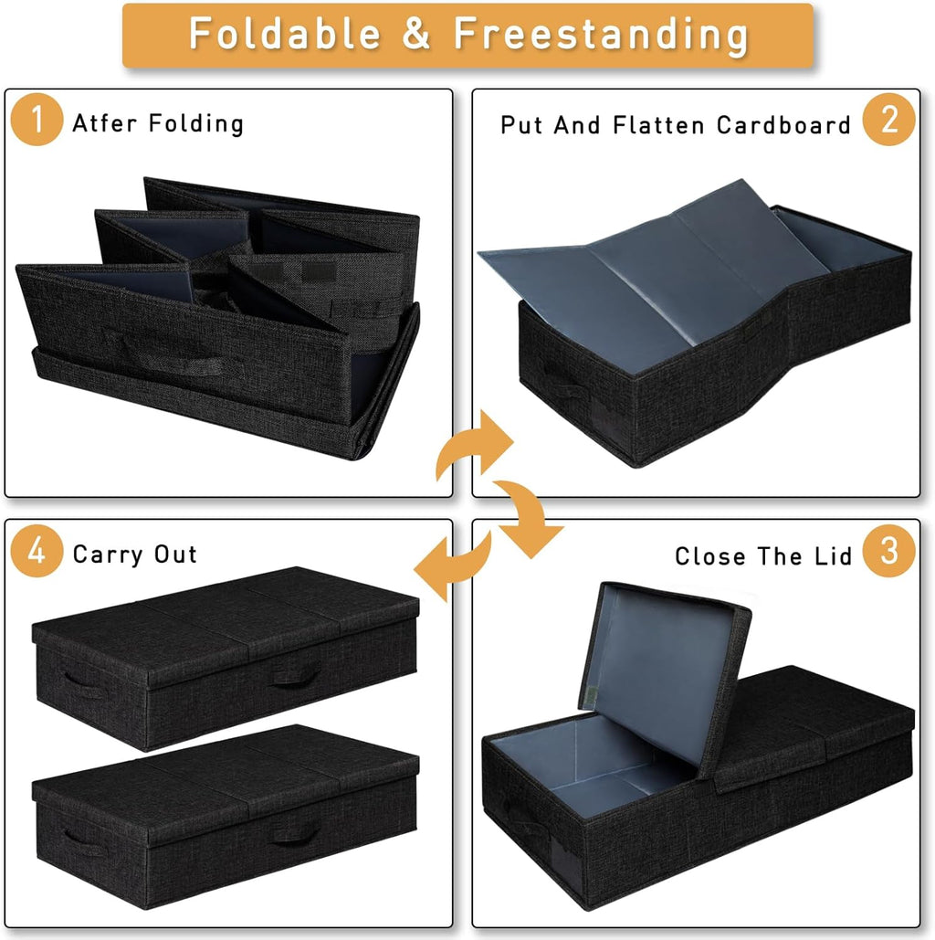 punemi Under The Bed Storage Containers 3 Pack, 6 Inch Tall Stackable Underbed Storage Bins With Handles, Closet Organizers and Storage Bins, Large Under Clothes Drawer Organizers Box For Crib, Black