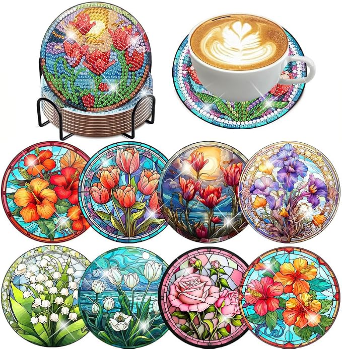 ijbnhd 8 PCS Flowers Diamond Art Coasters | Diamond Painting Coasters Kits by ijbnhd