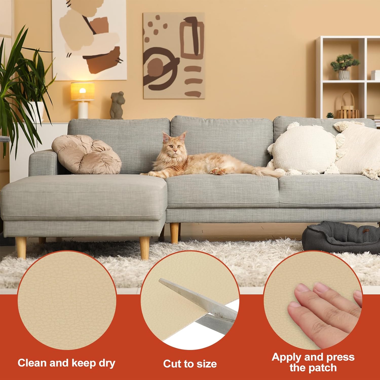 PATIKIL Leather Patches Tape for Furniture, 3.2 x 61 Inch Self Adhesive Vinyl Leather Repair Kit Cover Sheet for Couch, Sofa, Car Seats, Office Chair, Rice Apricot