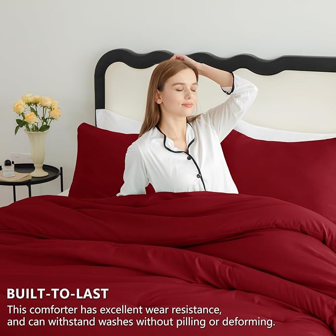CozyLux Twin Comforter Set Dark Red, 2 Pieces Twin Extra Long Solid Breathable - Image 3