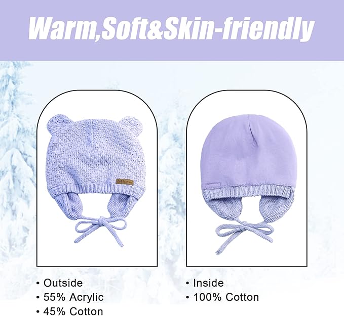 BAVST Baby Beanie Hat for Winter with Earfalp Cute Bear Kids Toddler Girls Boys Warm Knit Cap 0-2Years