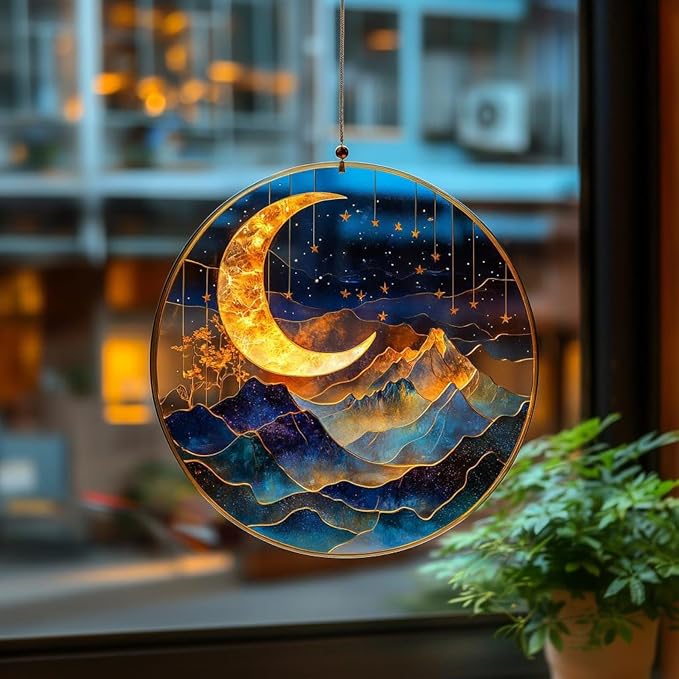 Celestial Moon and Stars Acrylic Hanging Suncatcher Night Sky Themed by Unknown