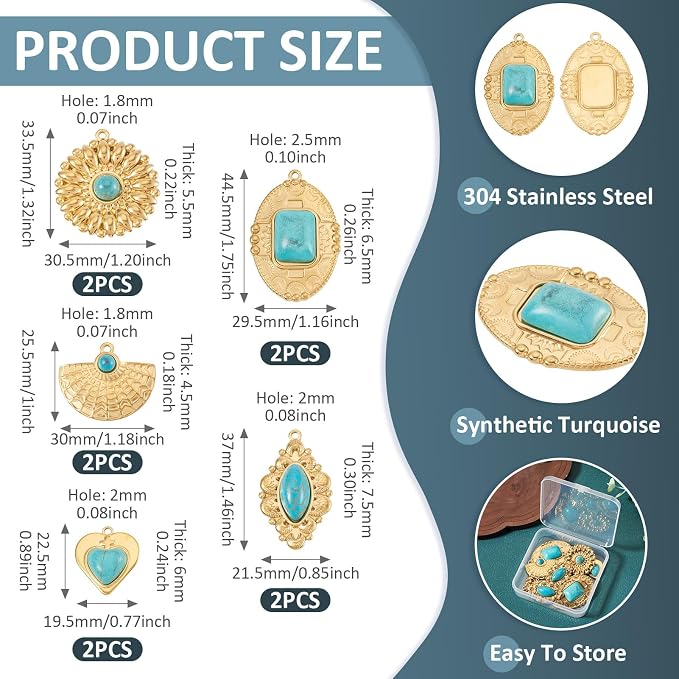 10Pcs Synthetic Turquoise Stone Charms Golden Bohemian Style Turquoise Charm - Image 5