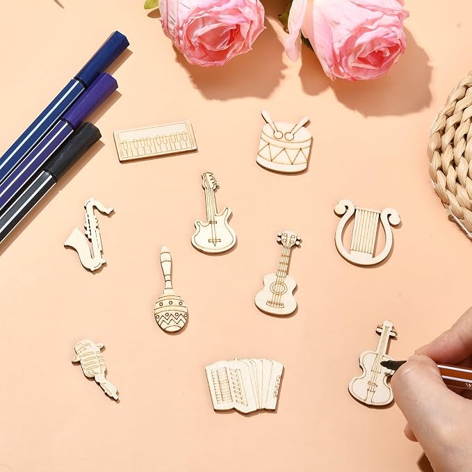 200 pcs Mixed Styles Instrument Theme Unfinished Wood Cutout Charms Music - Image 5