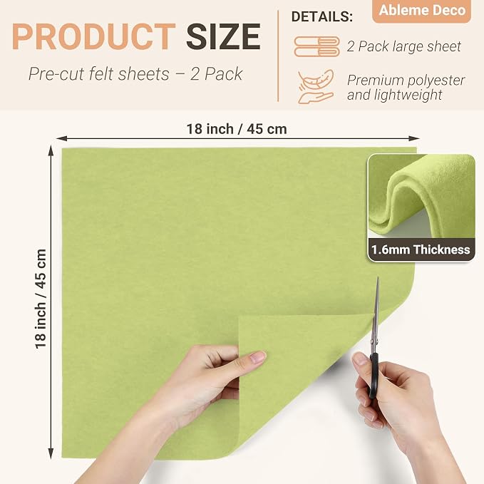 Olive Green Felt Fabric Sheets 18" x 18" 1.6mm Soft Craft Felt | Soft Precut - Image 2