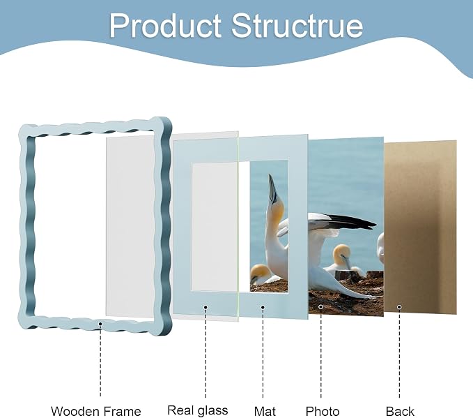 10x10 Picture Frame with Mat for 8x8, Wavy Edge Wooden Real Glass Photo Frame - Image 5