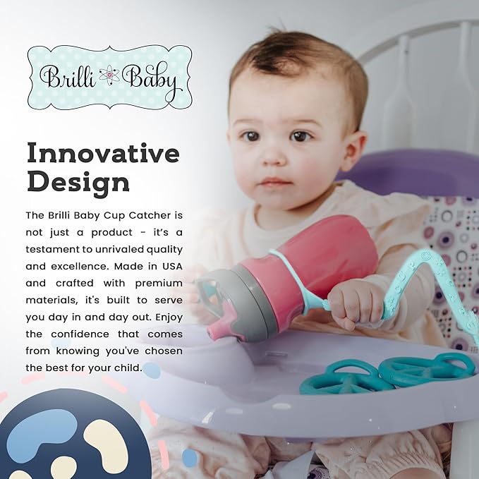 Brilli Baby Cup Catcher Patented Safety Tether Strap, Attach Sippy Cups, Bottles, Pacifiers & More to Stroller, High Chair, Car Seat, Made in USA, Food Grade, Dishwasher Safe (Lavender)