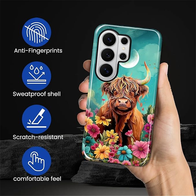 for Samsung Galaxy S26 Ultra Case, Highland Cow Flower Pattern Glossy 2 in 1 - Image 4