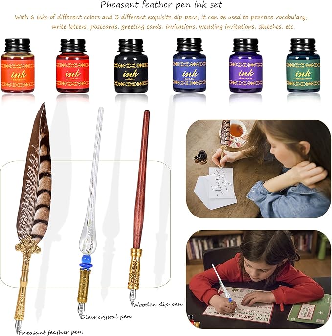 NC Quill Pen Ink Set, includes quill pen, wooden And glass dip pen, 6 bottles - Image 5